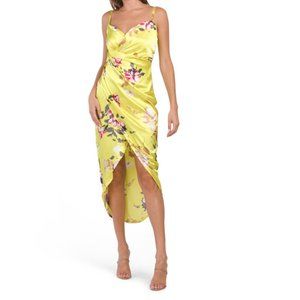 RACHEL RACHEL ROY Green Floral Bree Satin Ruched Wrap Style Dress